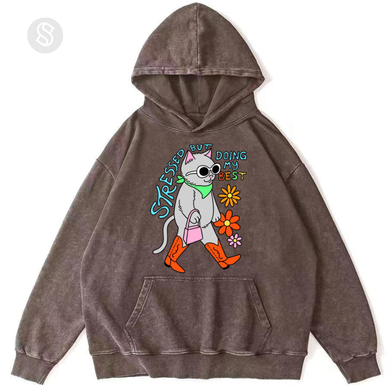 Stressed But Doing My Best Cat Unisex Printed Casual Washed Hoodie Sweatshirt