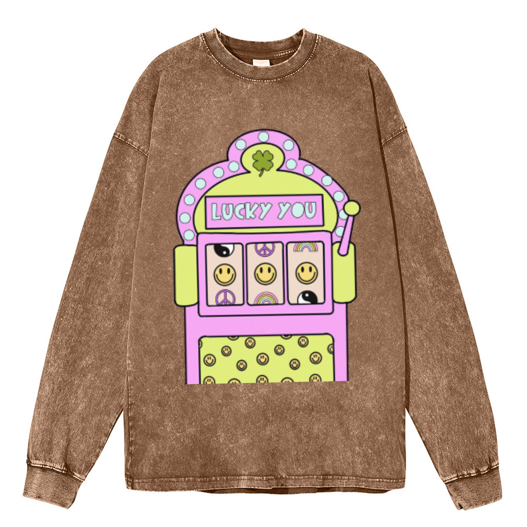 Lucky You Unisex Casual Washed Printed Round Neck Long Sleeve T-shirt