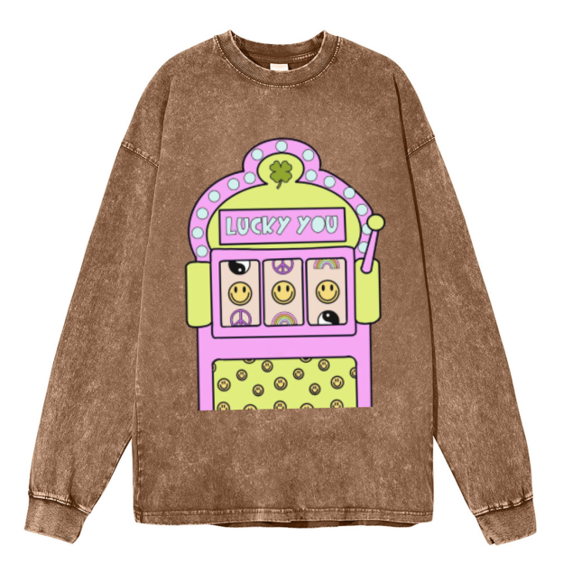 Lucky You Unisex Casual Washed Printed Round Neck Long Sleeve T-shirt