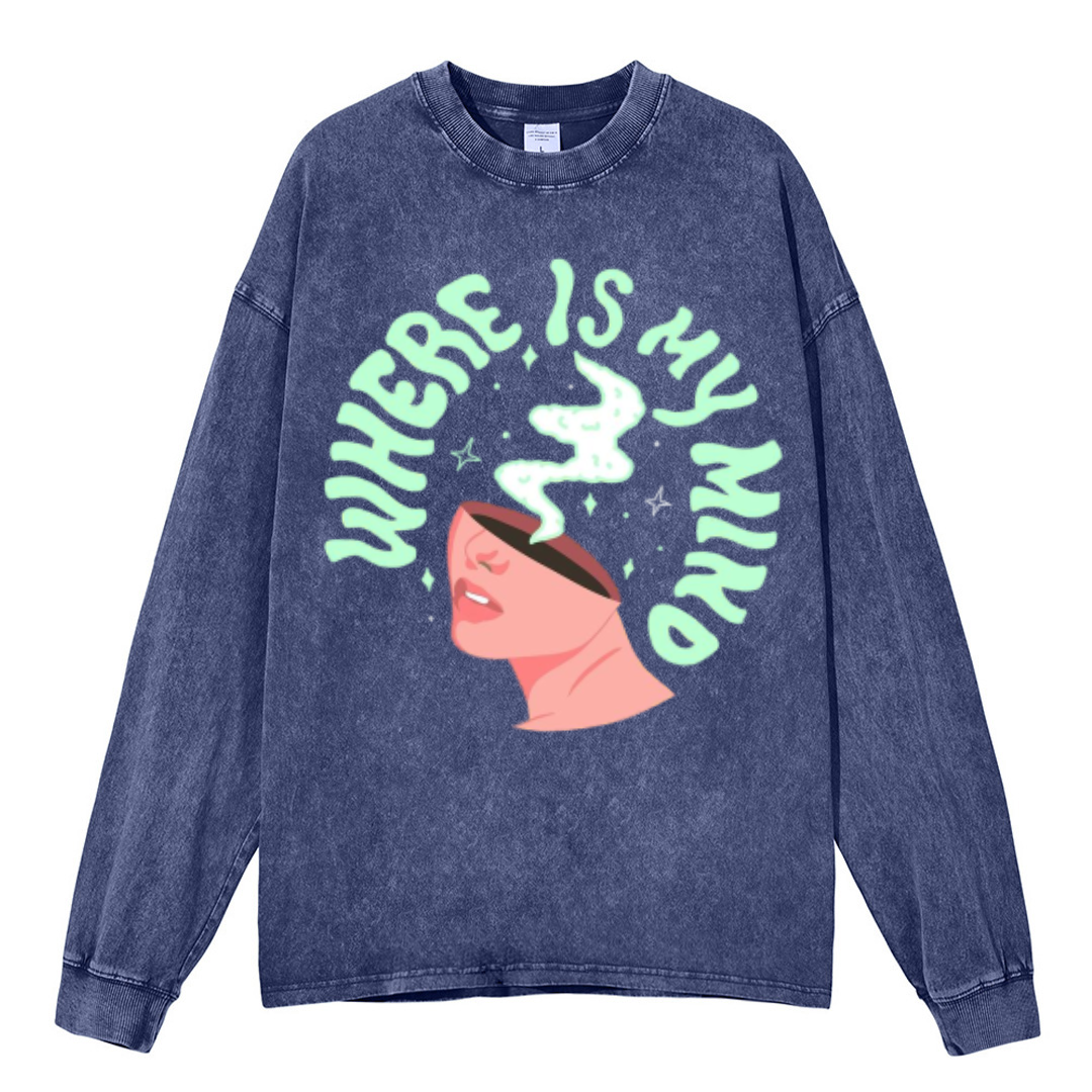 My Mind Unisex Casual Washed Printed Round Neck Long Sleeve T-shirt