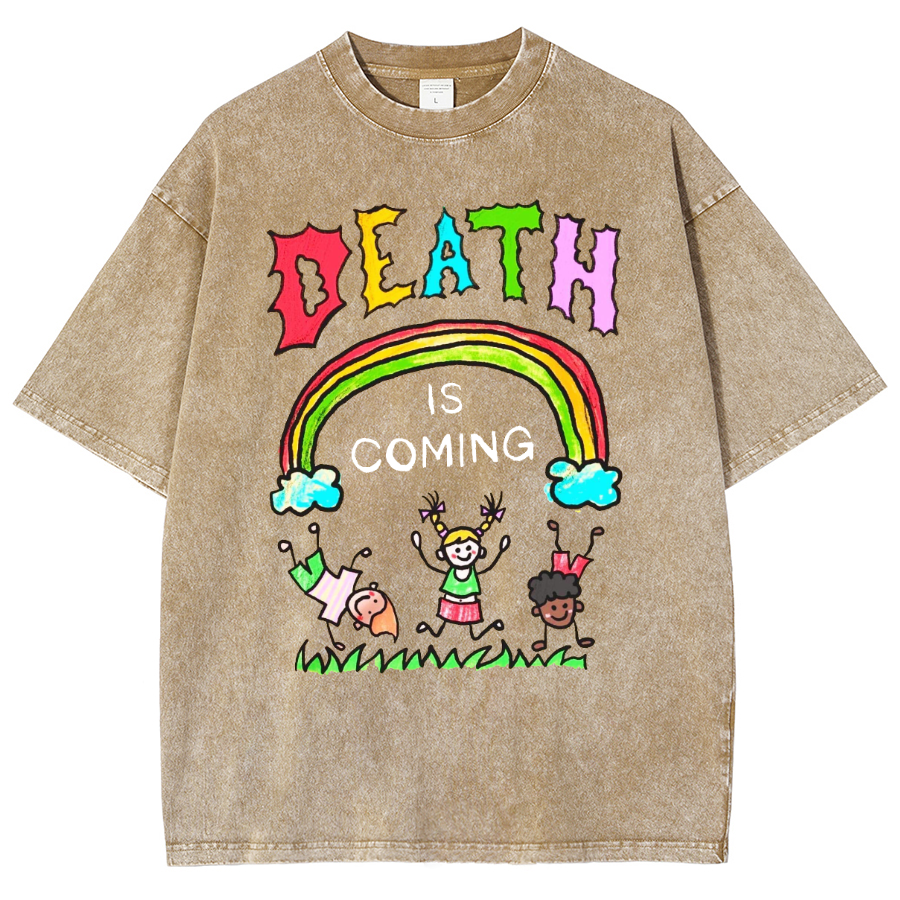 Death Is Coming Unisex Oversized Print Vintage Wash Denim T-Shirt
