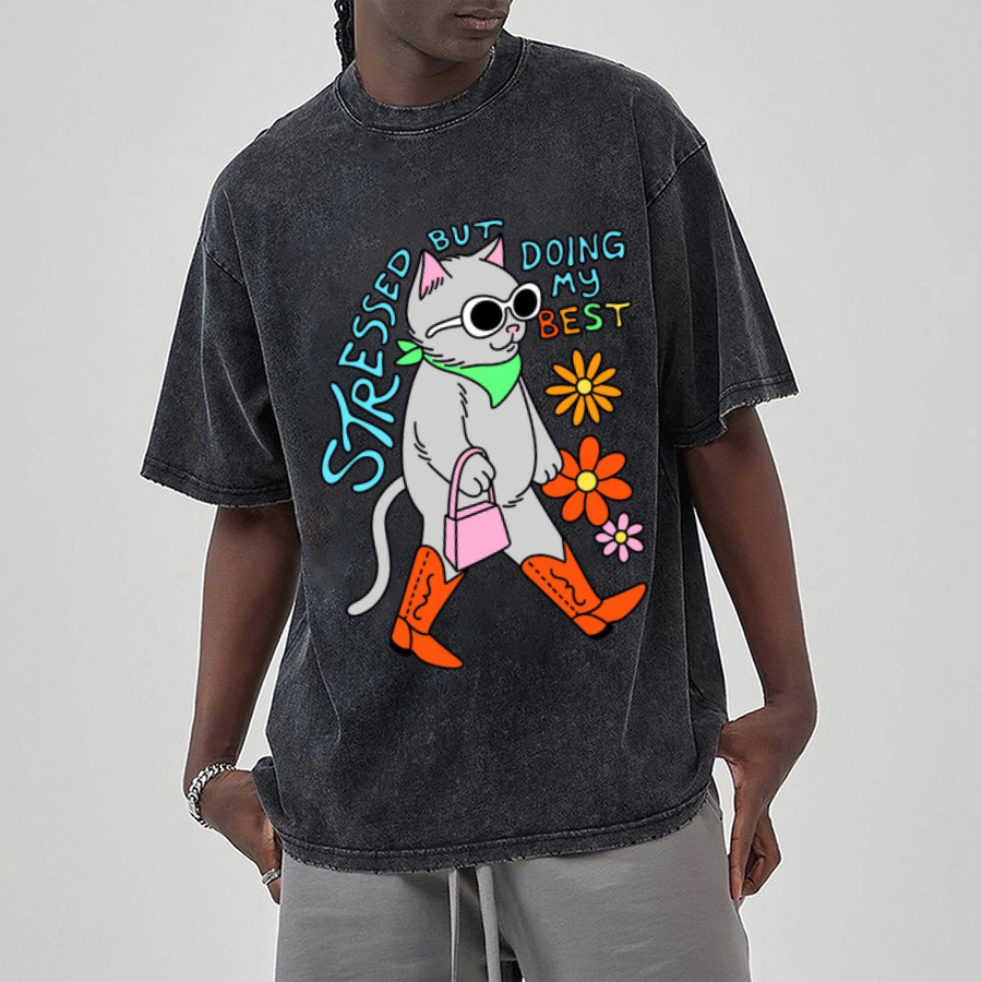 Stressed But Doing My Best Cat Unisex Printed Retro Washed Short Sleeved T-Shirt