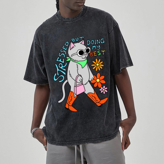 Stressed But Doing My Best Cat Unisex Printed Retro Washed Short Sleeved T-Shirt