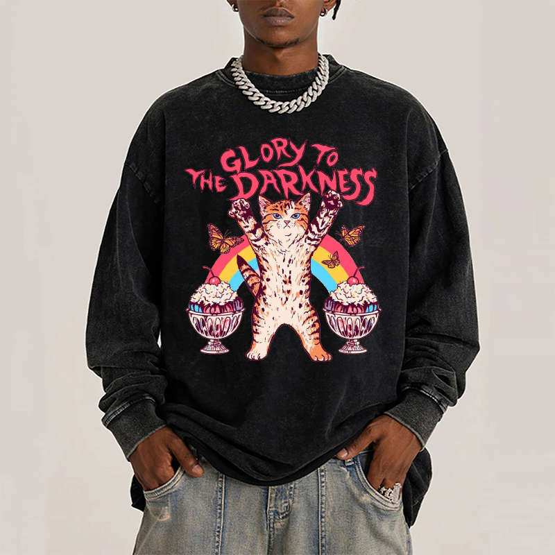 Darkness Unisex Washed Printed Round Neck Long Sleeve T-Shirt-Print-cool