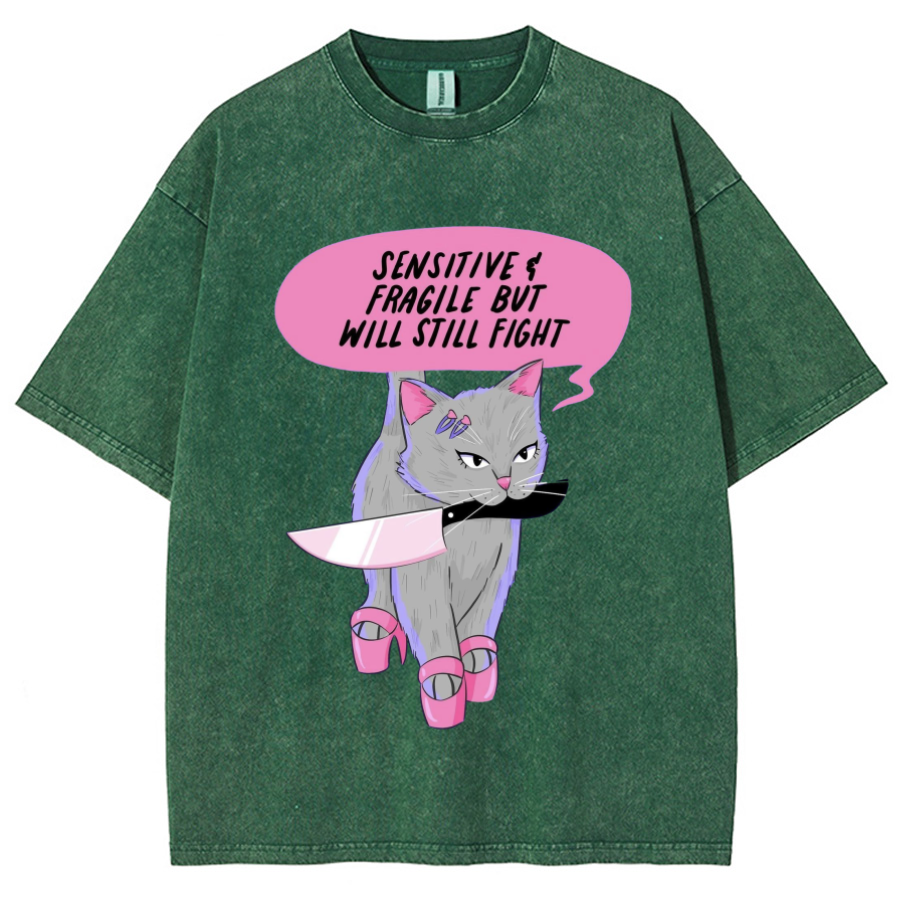 Sensitive Cat Unisex Printed Retro Washed Short Sleeved T-Shirt-Print-cool