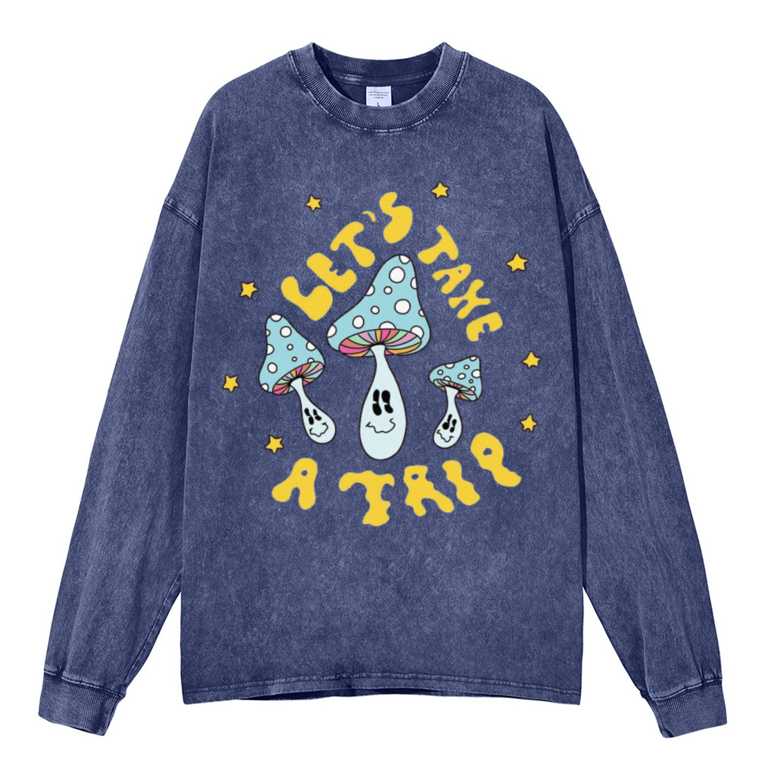 Lets Take A Trip Unisex Casual Washed Printed Round Neck Long Sleeve T-shirt