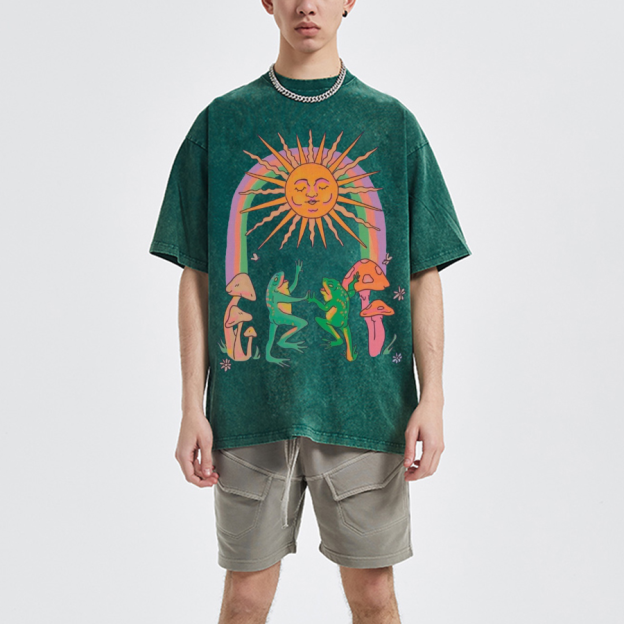Funny Frog Unisex Oversized Print Vintage Wash Denim T-Shirt