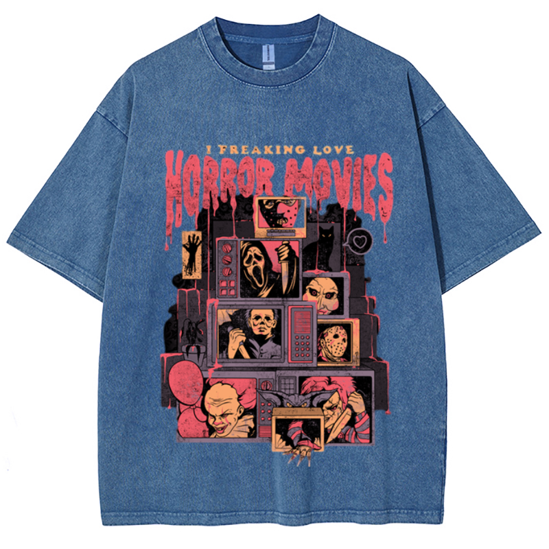 Horror Movies Unisex Vintage Wash Denim T-Shirts-Print-cool
