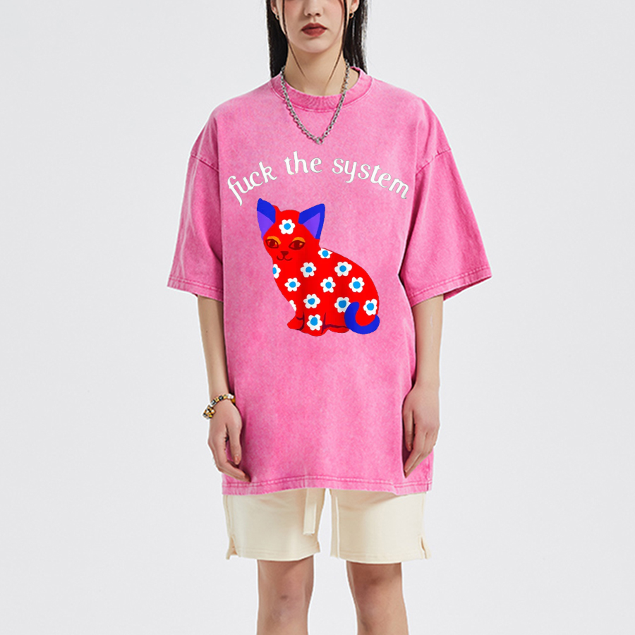 F The System Unisex Oversized Print Vintage Wash Denim T-Shirt-Print-cool