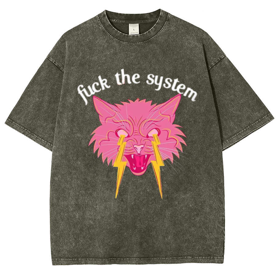 Fuck The System Unisex Oversized Print Vintage Wash Denim T-Shirt-Print-cool