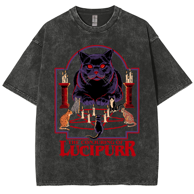 The Conjuring Of Lucipurr Unisex Vintage Solid Wash Denim T-Shirts-Print-cool