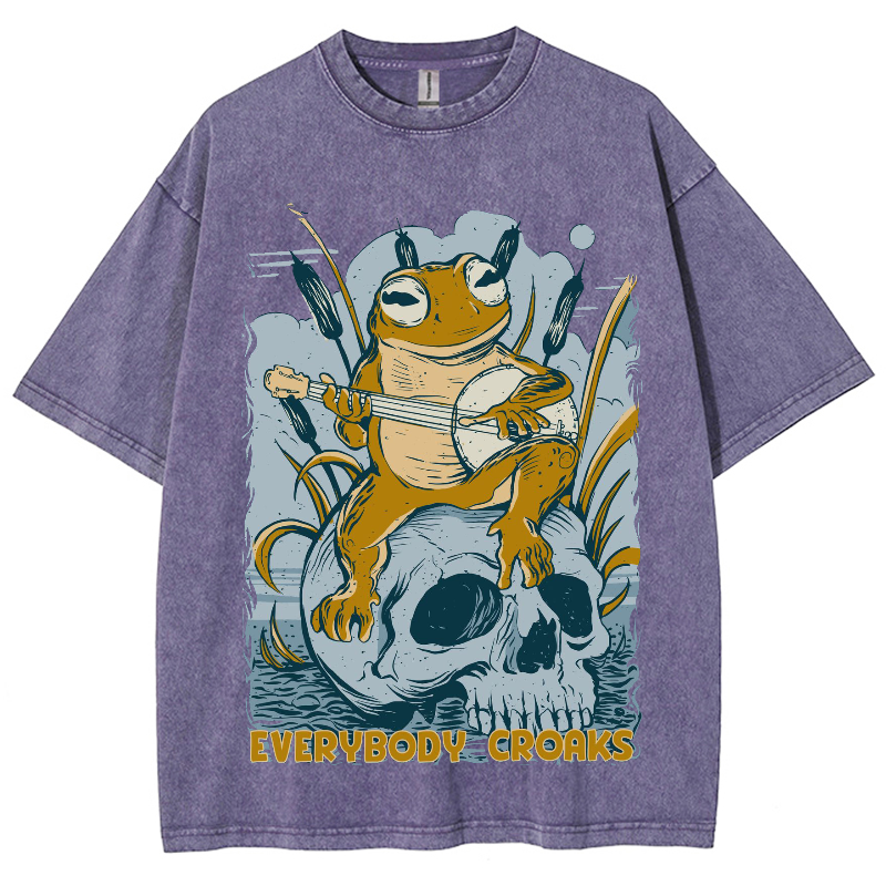 Rock Frog Skull Unisex Vintage Wash Denim T-Shirts-Print-cool