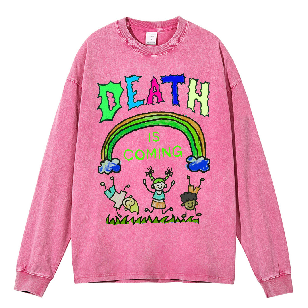 Death Is Coming Unisex Casual Washed Printed Round Neck Long Sleeve T-shirt-Print-cool