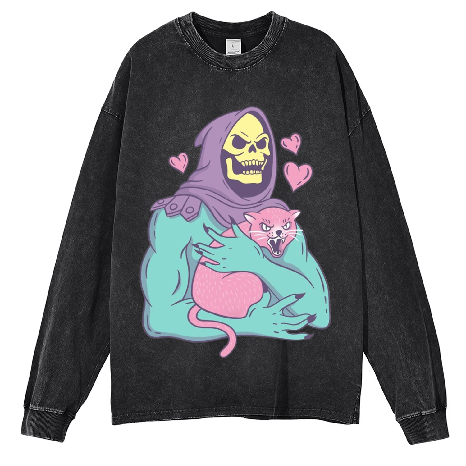 Funny Skull Cat Unisex Casual Washed Printed Long Sleeve T-shirt