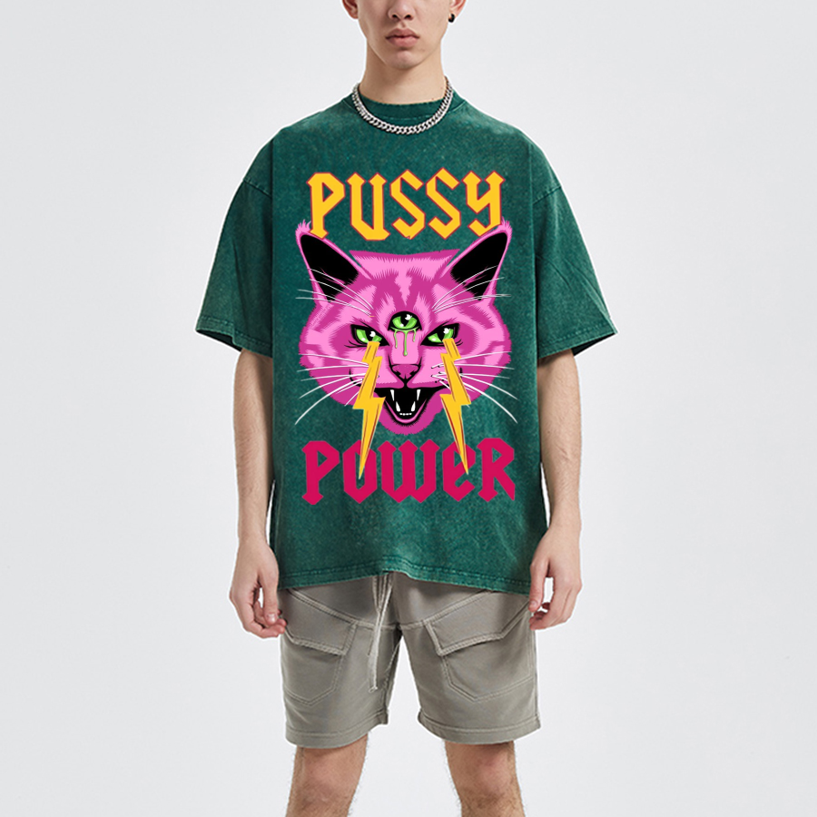 Pussy Power Unisex Oversized Print Vintage Wash Denim T-Shirt