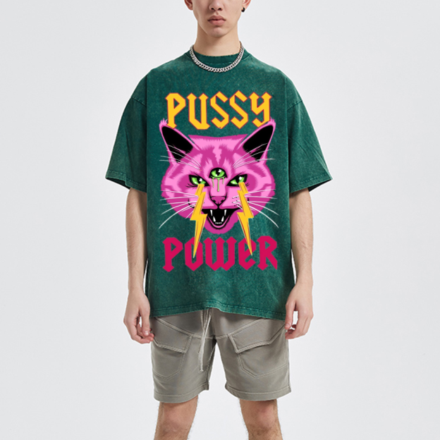 Pussy Power Unisex Oversized Print Vintage Wash Denim T-Shirt