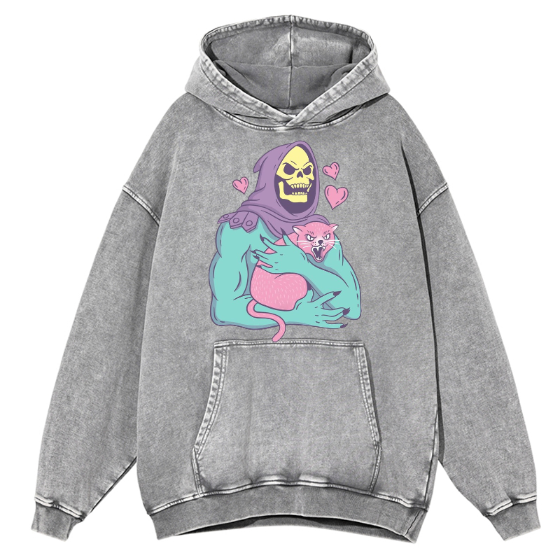 Funny Skull Cat Unisex Printed Casual Washed Hoodie Sweatshirt