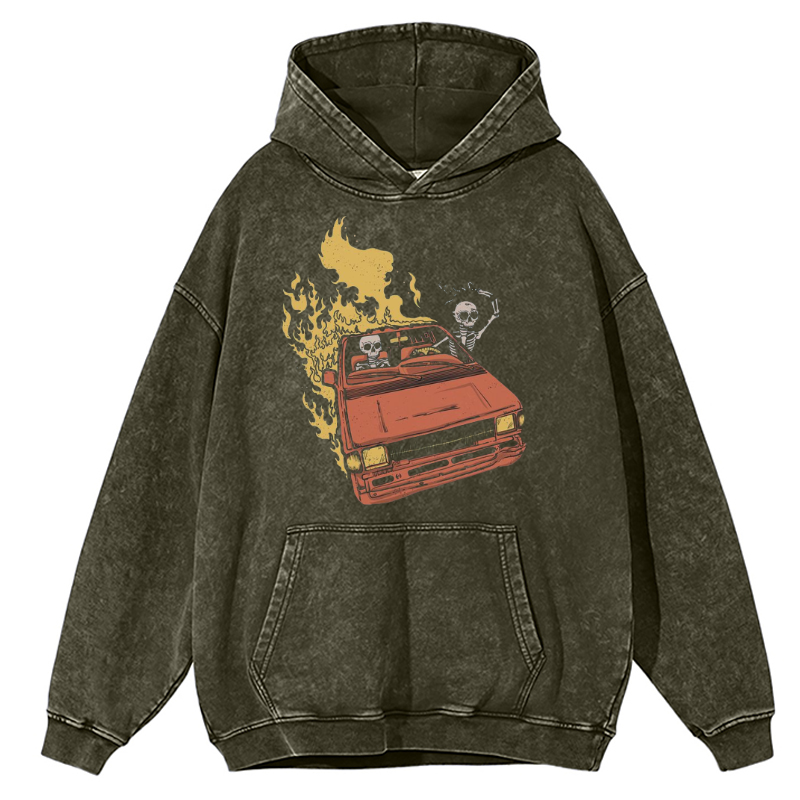 Skull Car Unisex Printed Casual Washed Hoodie Sweatshirt-Print-cool