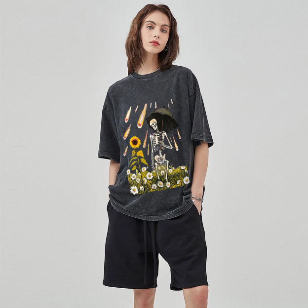 Sunflower Skull Unisex Vintage Wash Denim T-Shirts[💥Buy 4 get 5th 50%OFF]