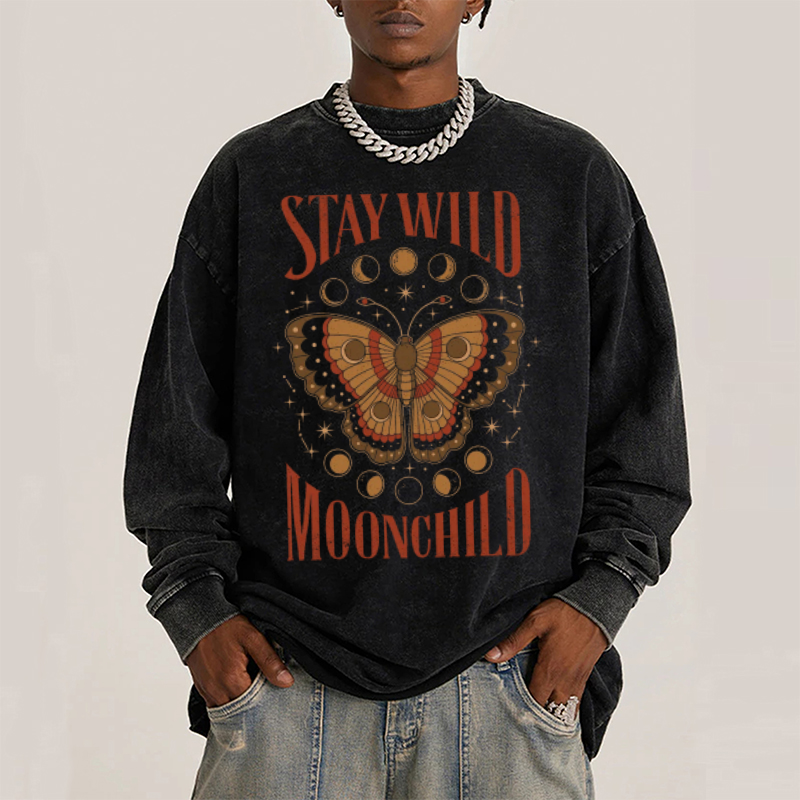 Stay Wild Unisex Casual Washed Printed Round Neck Long Sleeve T-shirt-Print-cool