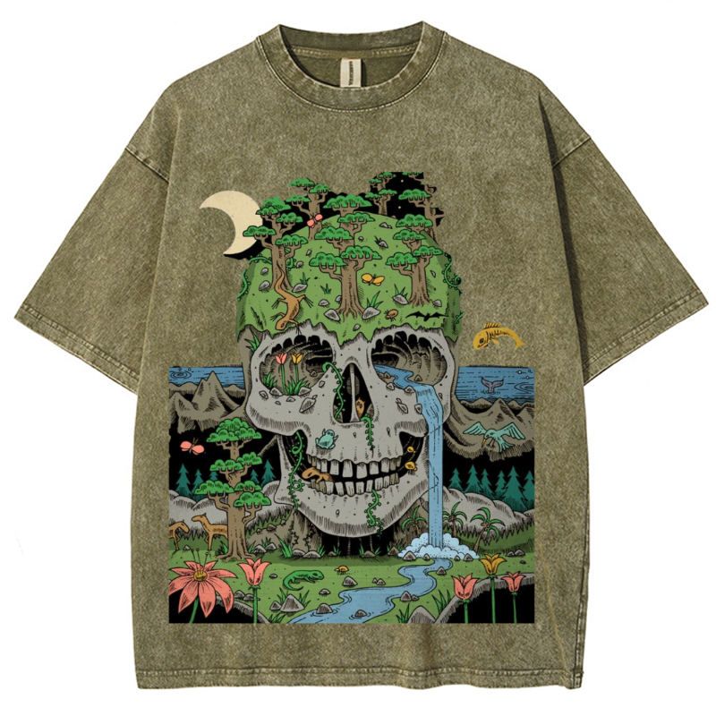 Skull Crying Unisex Vintage Solid Wash Denim T-Shirts-Print-cool