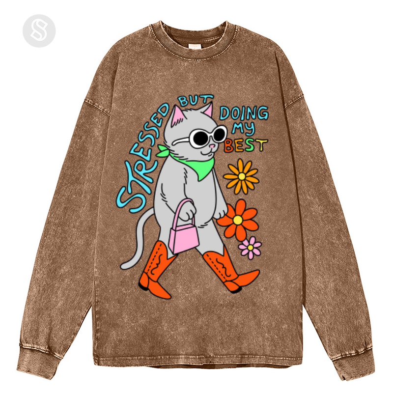 Stressed But Doing My Best Cat Unisex Washed Printed Round Neck Long Sleeve T-Shirt-Print-cool