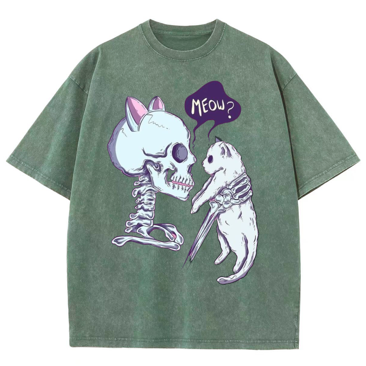 Funny Skull Cat Unisex Vintage Solid Wash Denim T-Shirts-Print-cool