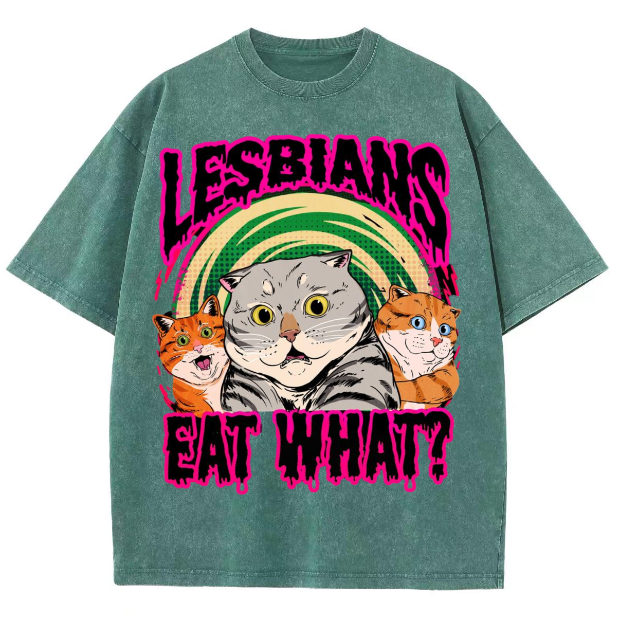 Eat What Lesbians Unisex Printed Retro Washed Short Sleeved T-Shirt