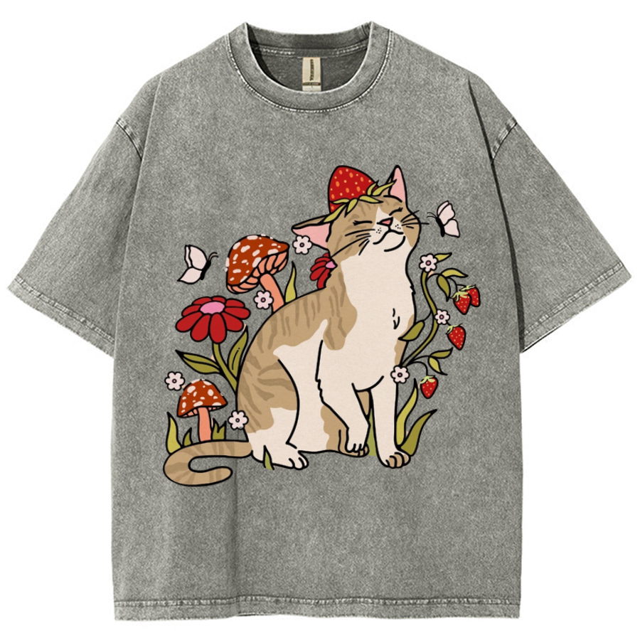 Cat And Plant Unisex Printed Retro Washed Short Sleeved T-Shirt-Print-cool