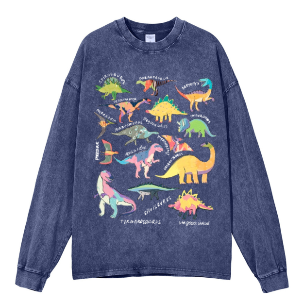 Types Of Dinosaur Unisex Casual Washed Printed Long Sleeve T-shirt