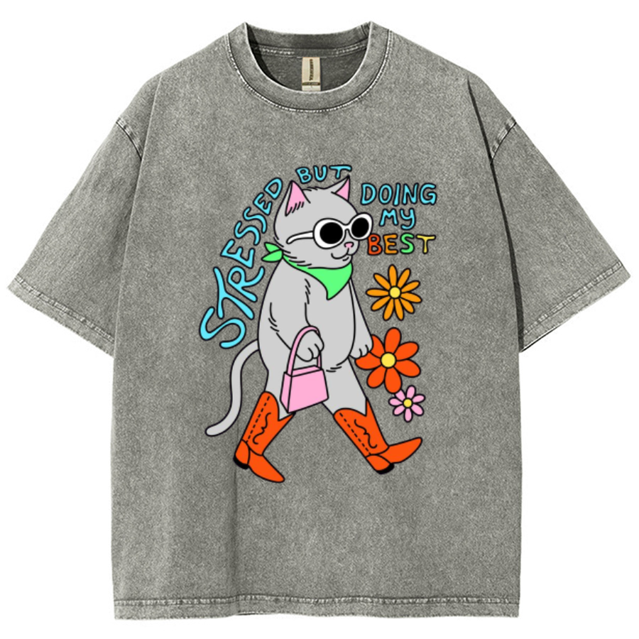 Stressed But Doing My Best Cat Unisex Printed Retro Washed Short Sleeved T-Shirt