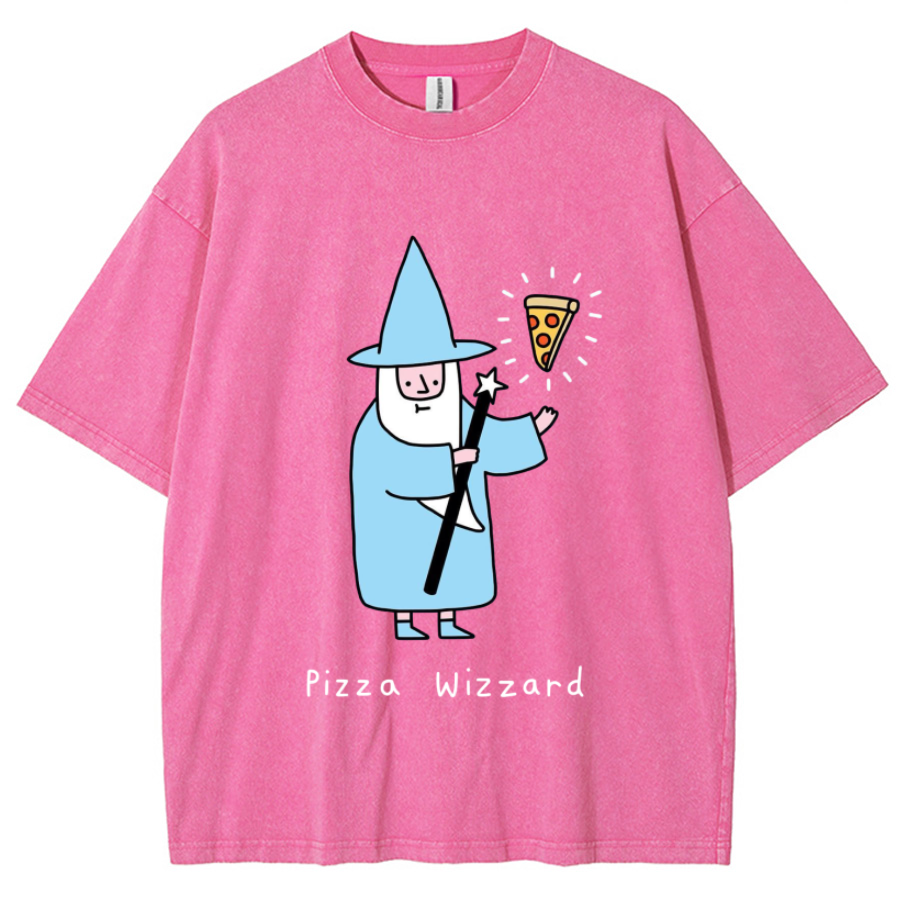 Pizza Wizzard Unisex Printed Retro Washed Short Sleeved T-Shirt-Print-cool