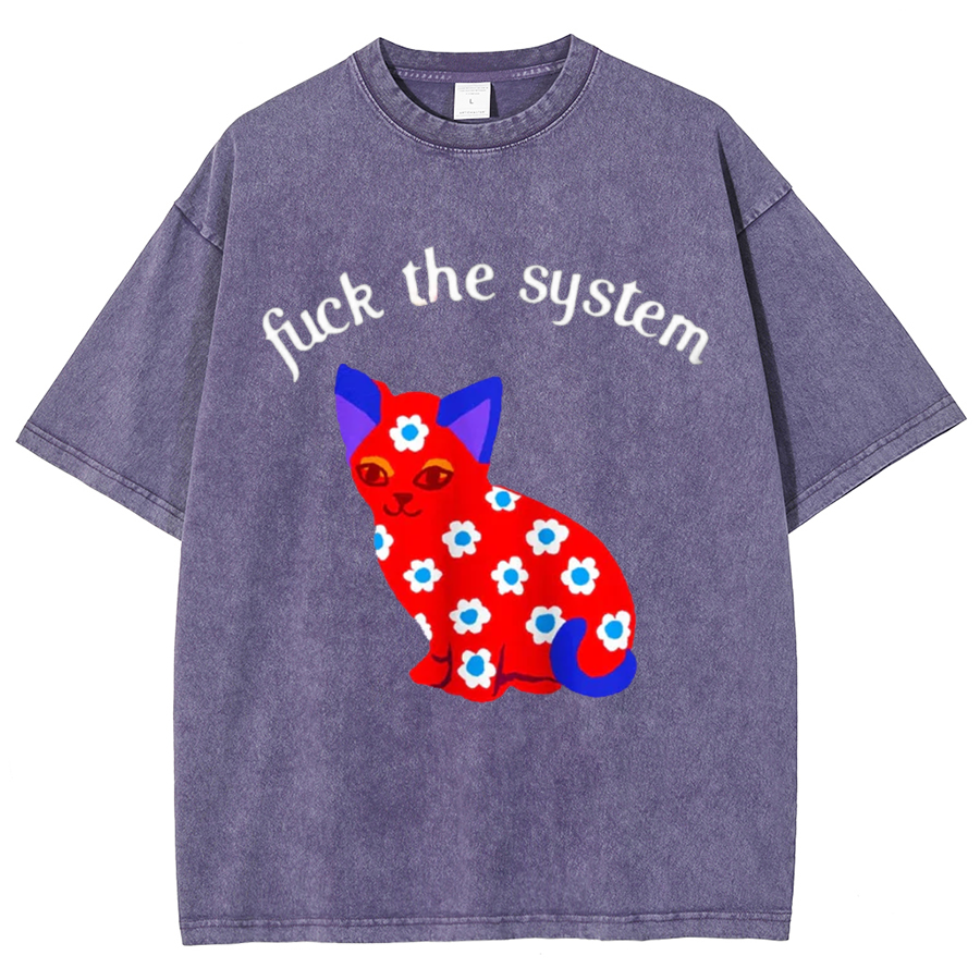 F The System Unisex Oversized Print Vintage Wash Denim T-Shirt-Print-cool