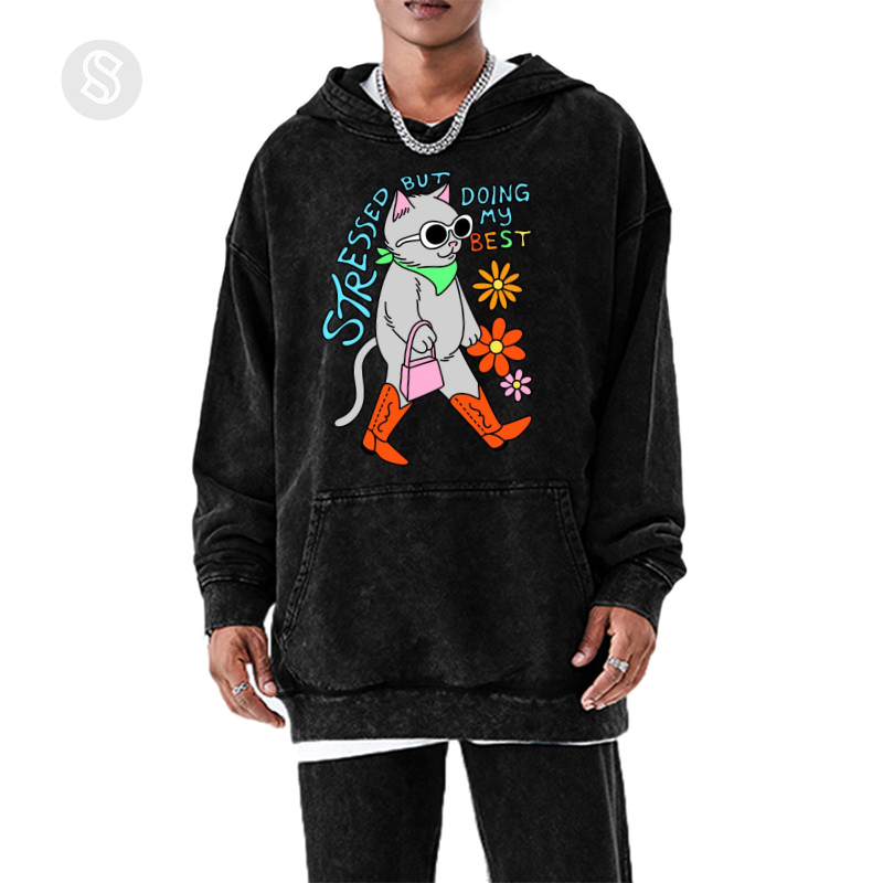Stressed But Doing My Best Cat Unisex Printed Casual Washed Hoodie Sweatshirt
