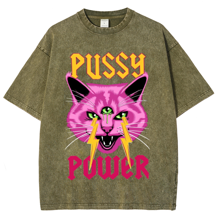 Pussy Power Unisex Oversized Print Vintage Wash Denim T-Shirt
