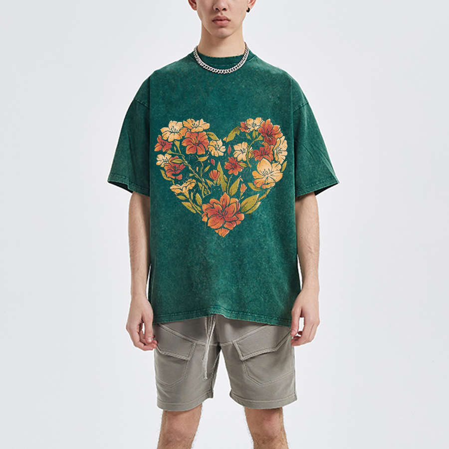 Flowers Cat Unisex Oversized Print Vintage Wash Denim T-Shirt-Print-cool