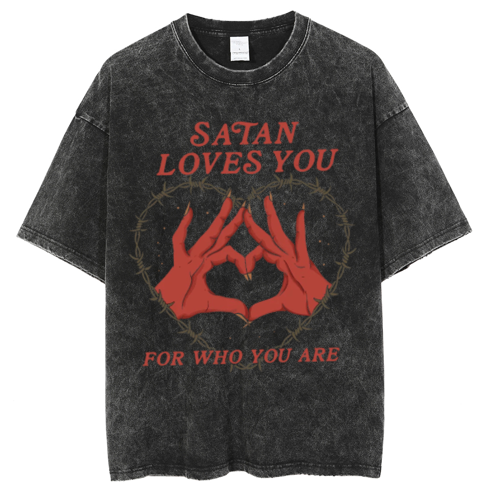 Satan Loves You Unisex Oversized Print Vintage Wash Denim T-Shirt