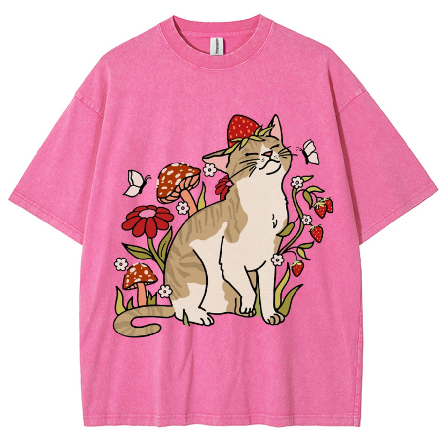 Cat And Plant Unisex Printed Retro Washed Short Sleeved T-Shirt-Print-cool