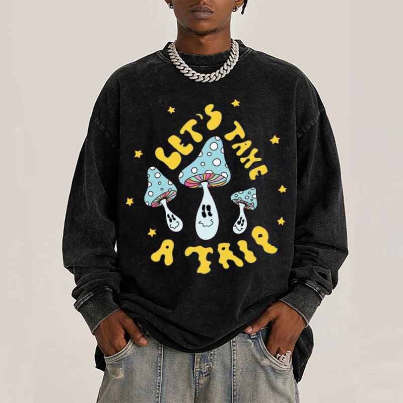 Lets Take A Trip Unisex Casual Washed Printed Round Neck Long Sleeve T-shirt