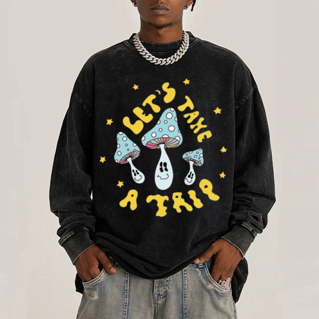 Lets Take A Trip Unisex Casual Washed Printed Round Neck Long Sleeve T-shirt