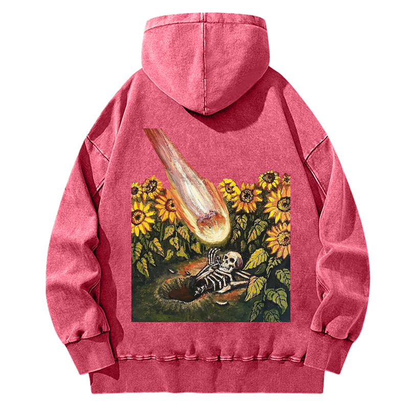 Unisex Casual Washed Sunflower Skull Illustration Printed Hoodie Sweatshirt