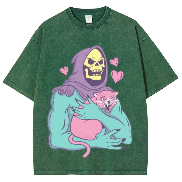Funny Skull Cat Unisex Printed Retro Washed Short Sleeved T-Shirt
