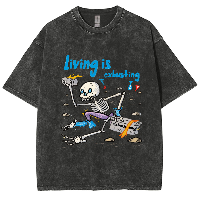 Living Is Exhausting Unisex Oversized Print Vintage Wash Denim T-shirt