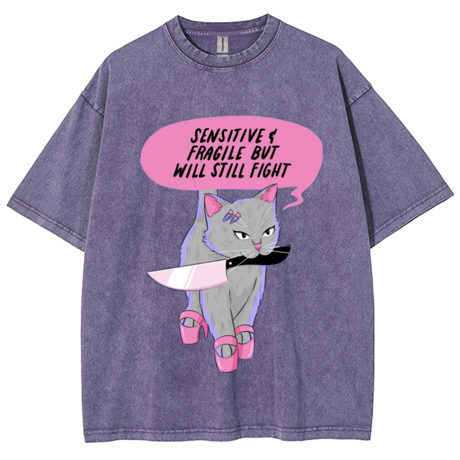 Sensitive Cat Unisex Printed Retro Washed Short Sleeved T-Shirt-Print-cool