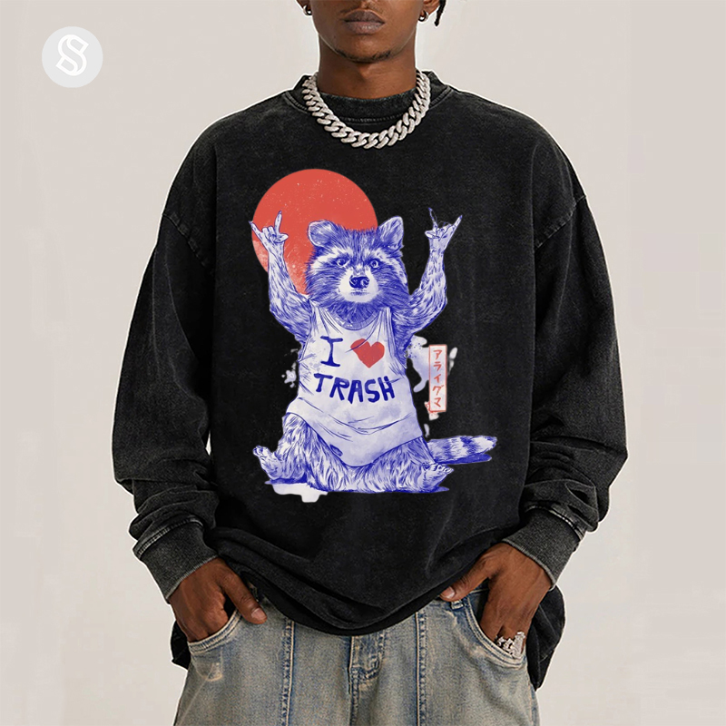 I Love Trash Unisex Washed Printed Round Neck Long Sleeve T-Shirt-Print-cool