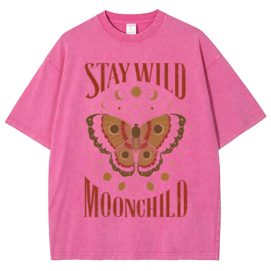 Stay Wild Unisex Oversized Print Vintage Wash Denim T-Shirt-Print-cool