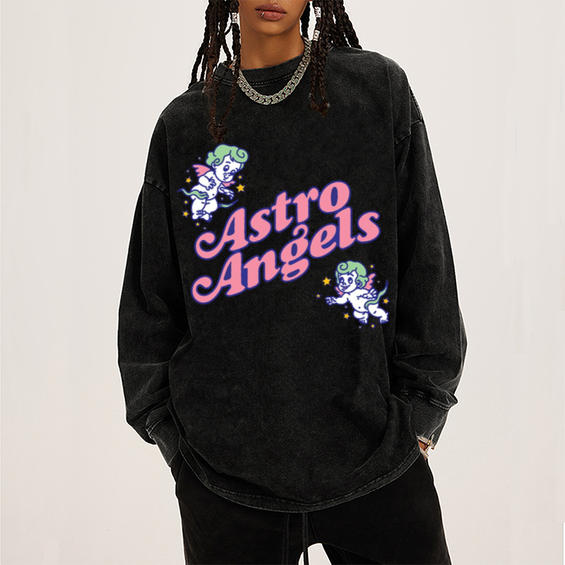 Astro Angels Unisex Casual Washed Printed Round Neck Long Sleeve T-shirt