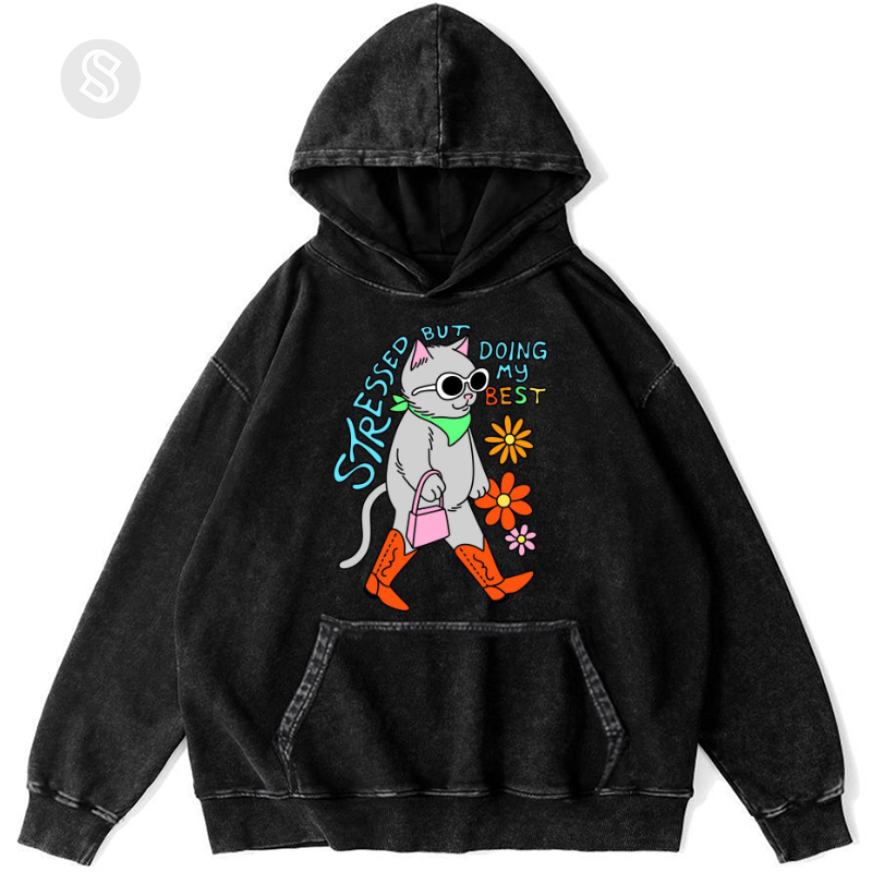 Stressed But Doing My Best Cat Unisex Printed Casual Washed Hoodie Sweatshirt