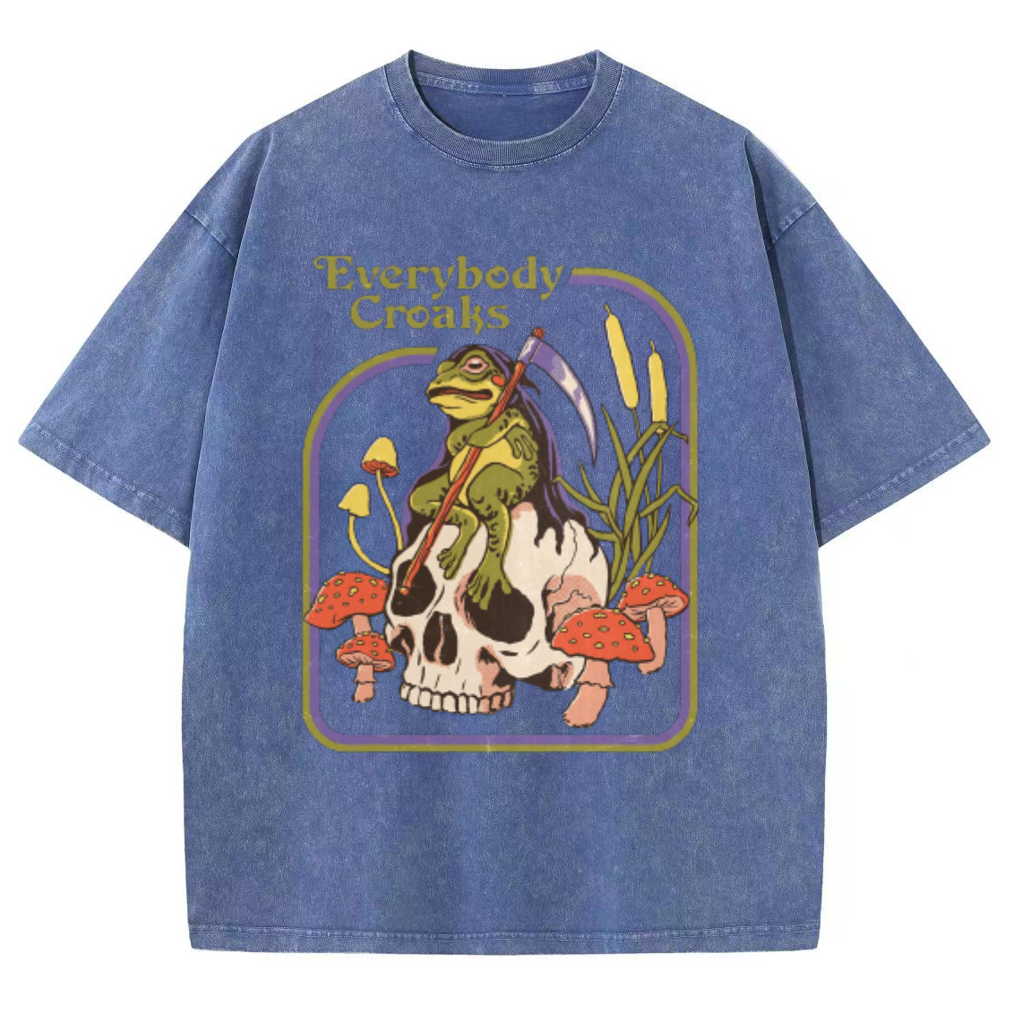 Everybody Croaks Unisex Oversized Print Vintage Wash Denim T-Shirt