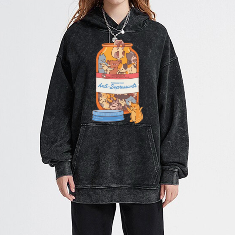 Funny Cat Unisex Printed Casual Washed Hoodie Sweatshirt-Print-cool